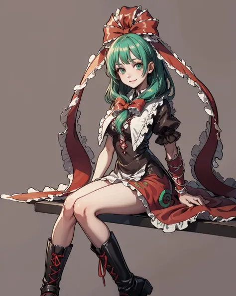 masterpiece, best quality, <lora:KagiyamaHina:1>,1girl,kagiyama hina, green hair, green eyes, front ponytail, dress, ribbon, boots, full body, red dress, frills, hair ribbon, arm ribbon, short sleeves, long hair, bow, hair bow, grey background, looking at viewer, cross-laced footwear, puffy sleeves, puffy short sleeves, smile, simple background, red ribbon, frilled ribbon, lace-up boots,sitting, (kbxll:0.6)