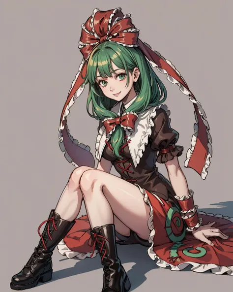 masterpiece, best quality, <lora:KagiyamaHina:1>,1girl,kagiyama hina, green hair, green eyes, front ponytail, dress, ribbon, boots, full body, red dress, frills, hair ribbon, arm ribbon, short sleeves, long hair, bow, hair bow, grey background, looking at viewer, cross-laced footwear, puffy sleeves, puffy short sleeves, smile, simple background, red ribbon, frilled ribbon, lace-up boots,sitting, (kbxll:0.6)