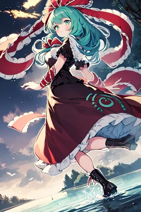 masterpiece, best quality, {{masterpiece}}, {{best quality}}, {ultra-detailed}, {{kawaii}}, cute, {lovely}, {{extremely detailed}}, 4K, {8K}, {illustration}, best quality, {beautiful}, heavy outline, clear outline, dynamic angle, forest, night, a girl, solo, {{{{kagiyama hina}}}}, beautiful green hair, long hair, {hair tie}, {{beautiful green eyes}}, {{beautiful eyes}}, long ribbon, frilled dress, {{red ribbon}}, {{kagiyama hina}}, river, {dark}, {{darkness}}, {{dark red frilled dress}}, {{{long skirt}}}, {big ribbon}, floating hair, {{spinning}}, {{kagiyama hina}}, floating skirt, {{reflective water}}, {{kagiyama hina}}, splashing, frilled skirt, {dramatic shadows}, {{arm ribbon}}, viewer, standing on the water, {full body}, {spinning}, legs together, long skirt, breasts, {{black boots}}, long boots, {{{{purple fire}}}}, <lora:KagiyamaHina:1>