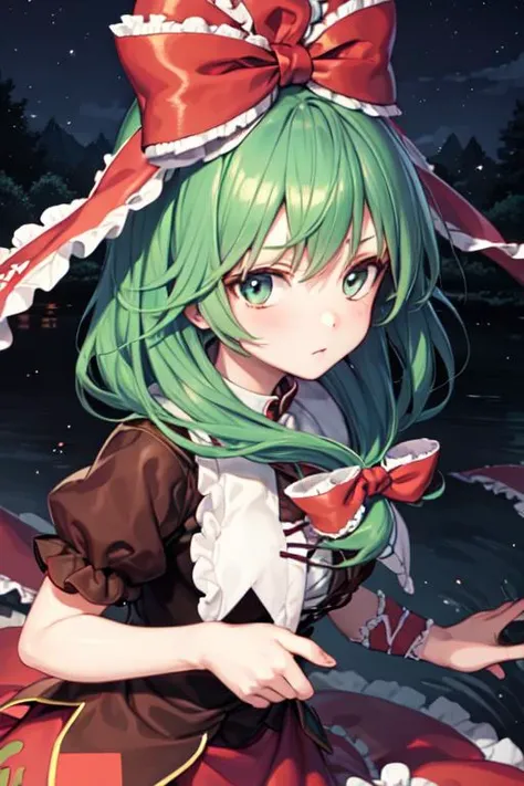 masterpiece, 1girl, frills, front ponytail, green hair, hair bow, hair ribbon, long hair, looking at viewer, puffy short sleeves, puffy sleeves, <lora:KagiyamaHina:1>, forest, river, spinning, cute, anime, night, close-up,