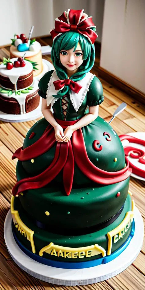 <lora:WhippedCreamTopStyle:0.2> WhippedCreamTopStyle,(CakeStyle:1.5) <lora:KagiyamaHina:1> dress, Marzipan cake shaped like kagiyama hina dress. <lora:CakeStyle:0.55>,green hair, green eyes, front ponytail,ribbon, (red:1.5) dress, frills, hair ribbon, arm ribbon, short sleeves,(floor-length dress:1.5),(white background, simple background:1)
BREAK
forced smile, looking at viewer,(gigantic breasts:1)
