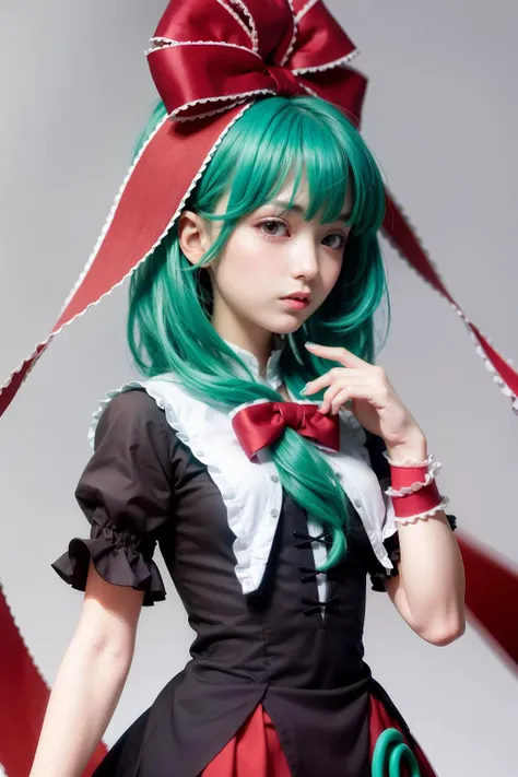 masterpiece, best quality,  <lora:KagiyamaHina:1>,   1girl,kagiyama hina, green hair,green eyes,long hair,hair ribbon,front ponytail, arm ribbon,bow,short sleeves, puffy sleeves, red dress,frills,