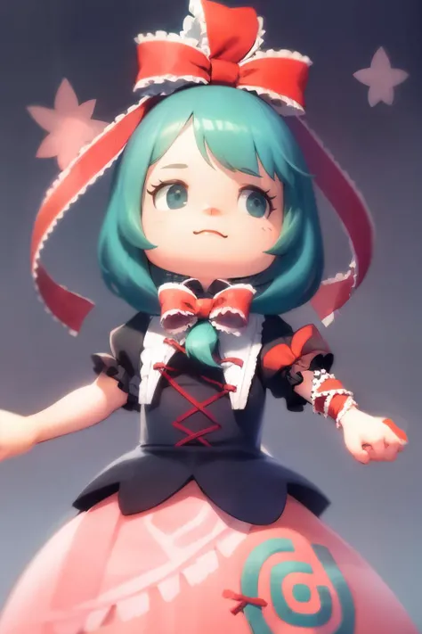 masterpiece, best quality, <lora:KagiyamaHina:1>, <lora:ach02-000010:1>,kagiyama hina,chibi,1girl, green hair,green eyes,front ponytail, hair ribbon,(arm ribbon:1.2),frills,dress,short sleeves,