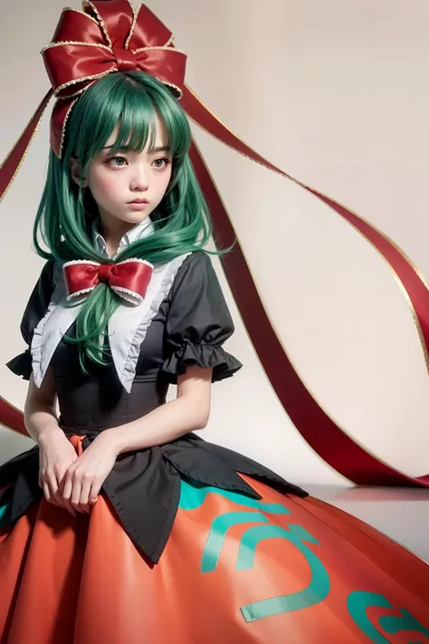 masterpiece, best quality,  <lora:KagiyamaHina:1>,   1girl,kagiyama hina, green hair,green eyes,long hair,hair ribbon,front ponytail, arm ribbon,bow,short sleeves, puffy sleeves, red dress,frills,