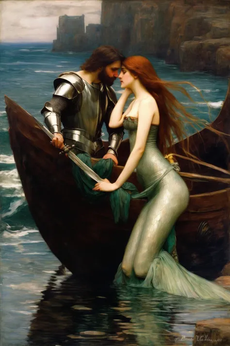 John William Waterhouse Style - a beautiful mermaid in love with a Knight, an oil painting