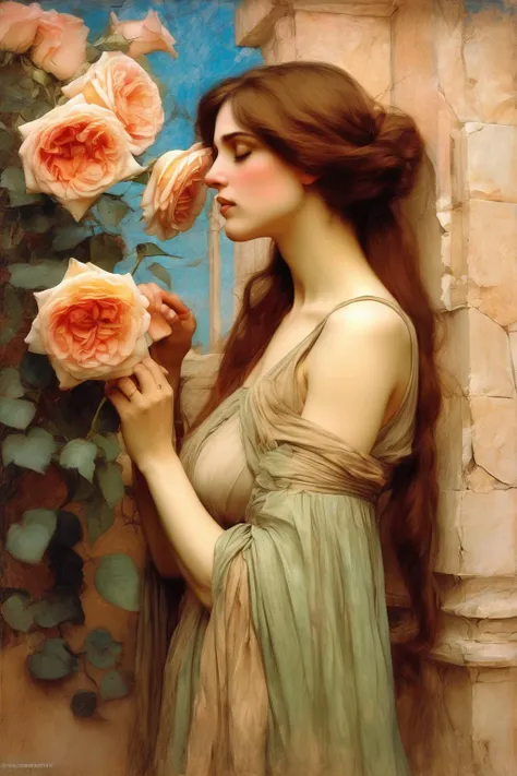John William Waterhouse Style - a beautiful woman smelling roses by the stucco wall, in the style of luminism and John William Waterhouse and Alphonse Mucha