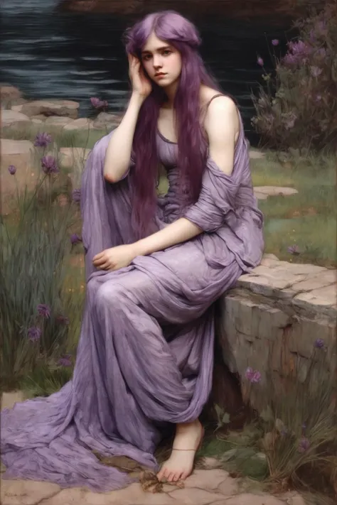 John William Waterhouse Style - full-body portrait of a young woman nymph with pastel violet hair