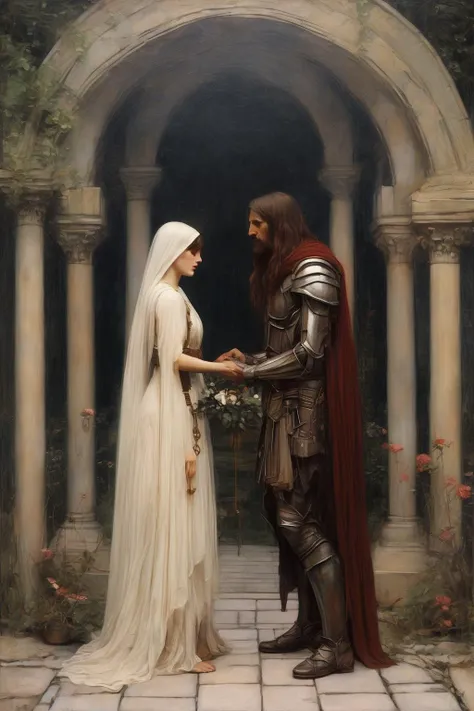 John William Waterhouse Style - john william waterhouse style, gothic romantic science fiction, ancient alien altar, quiet wonderful, a man and woman wed in secrecy, sacred ceremonial exchange of love and loyalty vows with the love of your life, secret celtic vows exchanged in love and defiance of oppression, romanticism futurism