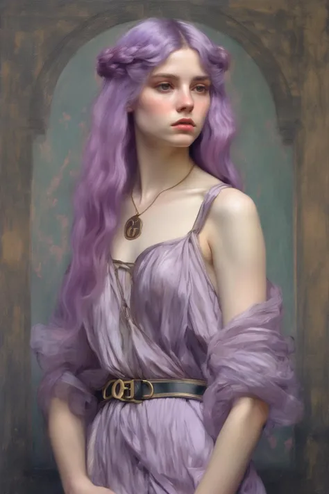 John William Waterhouse Style - full-body portrait of a young woman nymph wearing gucci high fashion clothes with pastel violet hair