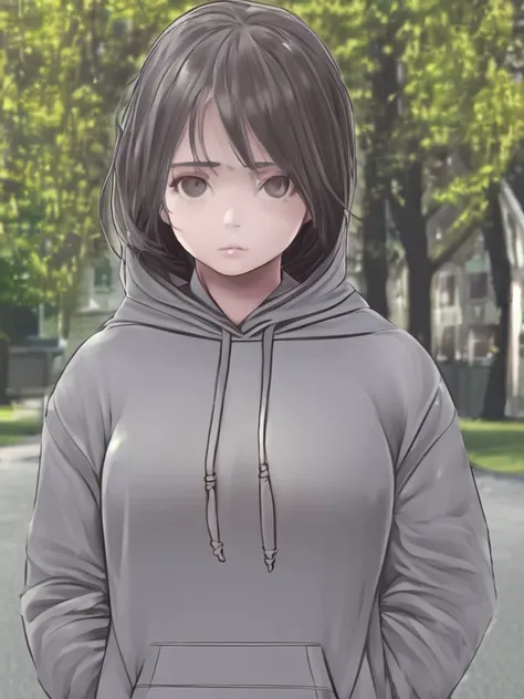 1girl, outside, photo, realistic, upper body, hoodie