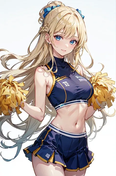 <lora:cheerleader_outfit:0.4> wearing cheerleader outfit, holding pom poms,, ultra detailed, masterpiece, best quality, aesthetic, detailed,, solo, soft smile, light smile,
1girl, blue eyes, very long hair, blonde hair, long blonde hair, french braid, bangs, medium breasts,