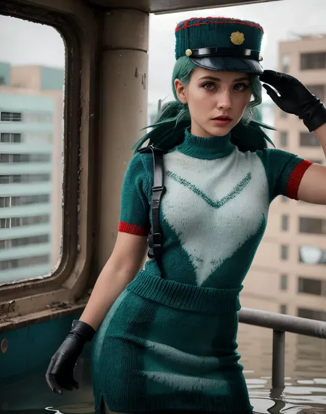 <lora:EPpkJenny:1>EPpkJenny, twintails, green hair, long hair, hair between eyes, brown eyes, police uniform, policewoman, police hat, miniskirt, pencil skirt, gloves, white gloves, Old abandoned futuristic city. Broken, flooded. 1Female. Scared. Front shot, (wearing a torn dirty knit Bodycon Dress:1.2). Detailed expressive sad eyes. Short bob cut hair covering one eye. Exquisite detail, Professional photo. 35mm photograph, film, bokeh, professional, dreary, photorealistic, 8k, raw, rich, intricate details, vivid dynamic colors