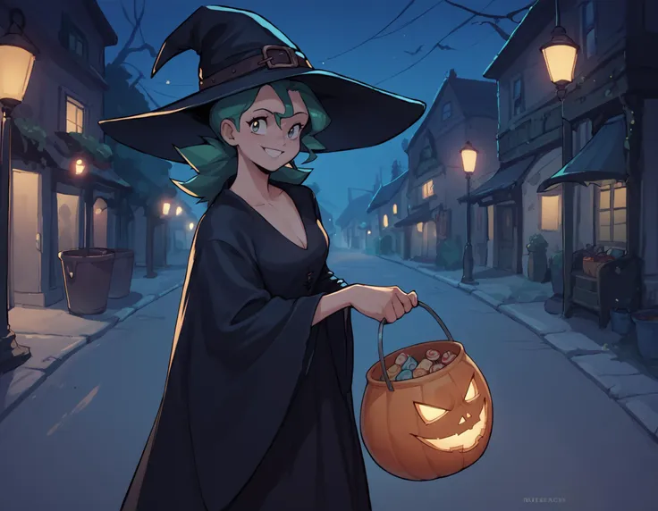 score_9, score_8_up, score_7_up,   <lora:EPpkJennyPony:0.8> eppkjenny, witch outfit, long tattered black robe, oversized witch hat, holding halloween bucket filled with candy, looking at viewer, smiling, in street, night, moonlight,