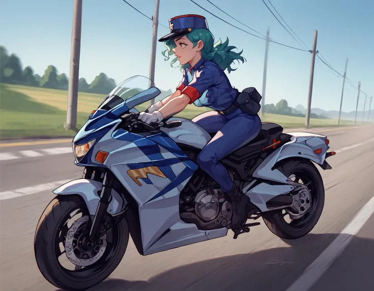 1girl, solo, pkmnJenny, green hair, red orange eyes, expressive eyes, full lips, vivid lips, huge breasts, wide hips, cameltoe, white panties, wet pussy, wet panties, blue hat, star hat, police uniform, blue shirt, short sleeves, belt, pencil skirt, white gloves, black high heels, roadside, leaning over motorcycle, white motorcycle, 