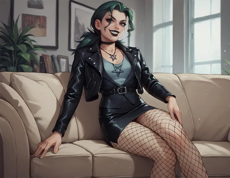 score_9, score_8_up, score_7_up, <lora:EPpkJennyPony:1> eppkjenny, black leather jacket, long hair, black hair, fishnets, ponytail, black leather skirt, black lips, pentagram necklace, grin, looking at viewer, sitting on couch, in living room,