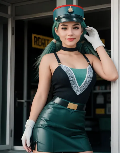 <lora:EPpkJenny:1> eppkjenny, twintails, green hair, long hair, hair between eyes, brown eyes, police uniform, policewoman, police hat, miniskirt, pencil skirt, gloves, white gloves, 1girl, cute model. Long thick Maxi Skirt, Knit tube top, swept back hair, alluring smile, working at a clothing store, perfect eyes, highly detailed beautiful expressive eyes, detailed eyes, 35mm photograph, film, bokeh, professional, 4k, highly detailed dynamic lighting, photorealistic, 8k, raw, rich, intricate details,