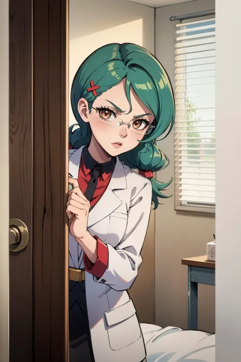 masterpiece, best quality, 1girl, solo, detailed background, absurdres, looking at viewer, <lora:EPpkJenny-06:0.8>, EPpkJenny, green hair, brown eyes, hair ornament, twintails,  scientist, labcoat, glasses, collared shirt, pencil skirt, <lora:infirmary_v0.1:1>, infirmary, curtains, hospital bed, <lora:peeking_out_upper_body_pruned:1.2>, peeking out upper body, opening door, glaring, shaded face, closed mouth