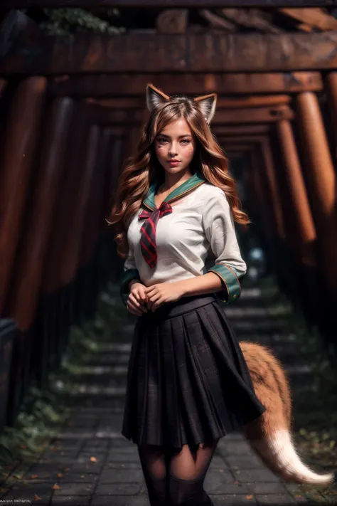 ((( depth of field, motion blur, motion lines,photorealistic, ))),((dark:1.1),pervert,masterpiece,top quality,best quality,official art,unity 8k wallpaper,highres,ultra-high res,ultra-detailed,beautiful and aesthetic,perfect detailed face,detailed eyes,highly detailed,shot on Fujifilm X-T4,85mm,f1.2,sharp focus break
hairy tail,(bushy tail,:1.4)<lora:Firefoxie:0.8><lora:AhriAcademy:1>,head tilt, from below,(upper body,:1.1)A fox girl standing in front of a midnight (torii gate:1.1),forest,multtorii,(midnight:1.2),(dark:1.2),(sailor collar:1.3),( school uniform,:1.2) fox ears,(skirt:1.1),chest ribbon,facial_mark, whisker markings, ancient forest, ruins,
,<lora:torii_multi-wasabiya:1> flashlight<lora:flashlightphoto_v1.5a:1> <lora:add_detail:1.15> <lora:LowRA:0.3>