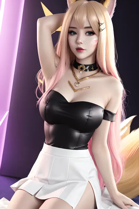 ahri, 1girl, absurdres, ahri_\(league_of_legends\), animal_ears, bangs, bare_shoulders, black_choker, black_leotard, blonde_hair, breasts, brown_eyes, choker, cleavage, collarbone, covered_navel, fox_ears, fox_girl, fox_tail, headset, heart, highres, k/da_\(league_of_legends\), k/da_ahri, league_of_legends, leotard, medium_breasts, multiple_tails, off-shoulder_shirt, off_shoulder, official_alternate_costume, pink_nails, shirt, sketch, solo, tail, white_shirt,
skirt, wearing skirt, long skirt, pleated skirt, 
<lora:Ahri KDA 2.0:0.6>