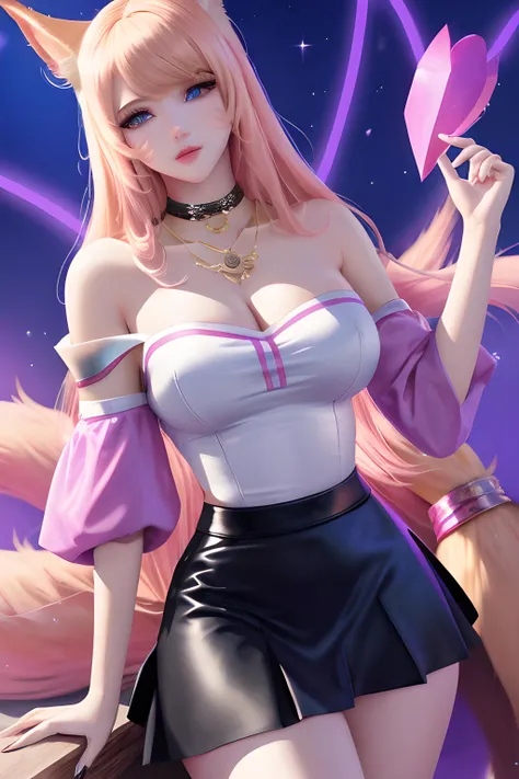 ahri, 1girl, absurdres, ahri_\(league_of_legends\), animal_ears, bangs, bare_shoulders, black_choker, black_leotard, blonde_hair, breasts, brown_eyes, choker, cleavage, collarbone, covered_navel, fox_ears, fox_girl, fox_tail, headset, heart, highres, k/da_\(league_of_legends\), k/da_ahri, league_of_legends, leotard, medium_breasts, multiple_tails, off-shoulder_shirt, off_shoulder, official_alternate_costume, pink_nails, shirt, sketch, solo, tail, white_shirt,
skirt, wearing skirt, long skirt, pleated skirt,
<lora:Ahri KDA 2.0:0.6>