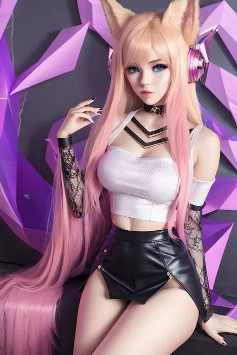 ahri, 1girl, absurdres, ahri_\(league_of_legends\), animal_ears, bangs, bare_shoulders, black_choker, black_leotard, blonde_hair, breasts, brown_eyes, choker, cleavage, collarbone, covered_navel, fox_ears, fox_girl, fox_tail, headset, heart, highres, k/da_\(league_of_legends\), k/da_ahri, league_of_legends, leotard, medium_breasts, multiple_tails, off-shoulder_shirt, off_shoulder, official_alternate_costume, pink_nails, shirt, sketch, solo, tail, white_shirt,
skirt, wearing skirt, long skirt, pleated skirt,
<lora:Ahri KDA 2.0:0.6>