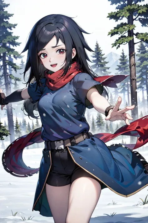 <lora:NanashiUchiha:1>, Nanashi Uchiha, 1girl, long hair, black hair, best quality, white shirt, red scarf, denim shorts, outdoors, forest, snow, snowing, :D, looking at viewer, outstretched arms, short sleeves