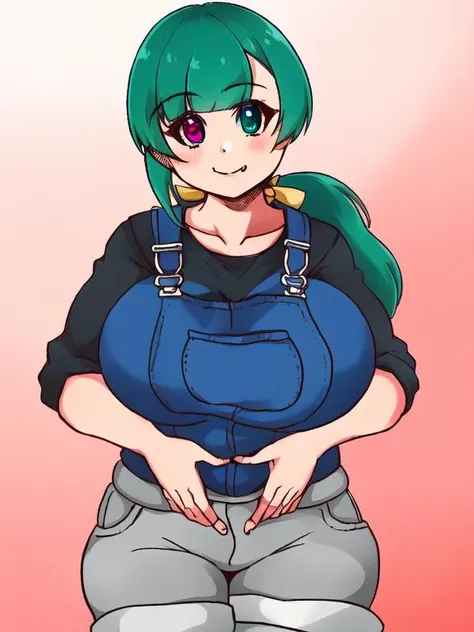 masterpiece, best quality,
1girl, tomoechan, (long teal hair), hair bow , short black sleeves, (low ponytail), (( fang)), feather in hair, ((long asymmetrical sidelocks)), denim overalls, <lora:pixai_tomoe-chan_tagged:1.1>, celshading, gradient background, <lora:isna:0.75> , portrait, cowboy shot,mismatched pupils, heterochromia, closed mouth, head tilt, light smile, hands together , 2d, collarbone, grey shorts, fingers together, plump, finger frame, thick lineart, rolled sleeves, green eye