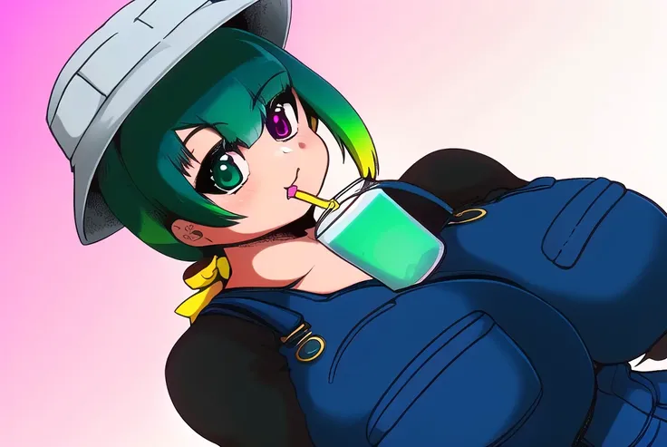 masterpiece, best quality,
1girl, tomoechan, (mismatched pupils),medium teal hair, ((hair bow )), long black sleeves, (low ponytail), (( fang)), feather on grey bucket hat, ((long sidelock)), [heterochromia], denim overalls, <lora:pixai_tomoe-chan_tagged:1.1>, large breasts, celshading, thick outlines, gradient background, <lora:isna:1> , gritty, dutch angle, close-up, upper body, bubble tea tapioca challenge, cup on breast, drinking straw in mouth, holding pen, writing
