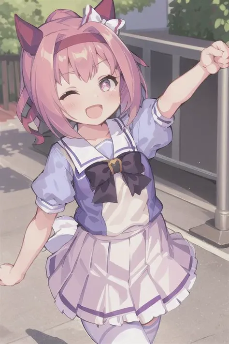 masterpiece,best quality, 1girl,solo,haru urara,school uniform,tracen school uniform,summer uniform,miniskirt,white thighhighs,bowtie,(one eye closed:0.7),one arm up,open mouth,smile, <lora:haruUraraUmamusume_lohaVer:0.8>
