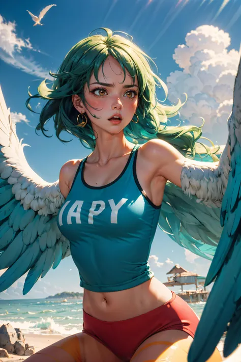 <lora:monet_one_piece-10:0.8> monet, harpy, winged arms, feathers, wings, tank top, midriff,   <lora:epi_noiseoffset2:0.8>, photodromm, erotic, large breasts, hyperrealistic art, extremely high-resolution details, photographic, realism pushed to extreme, fine texture, incredibly lifelike,  <lora:more_details:0.5>