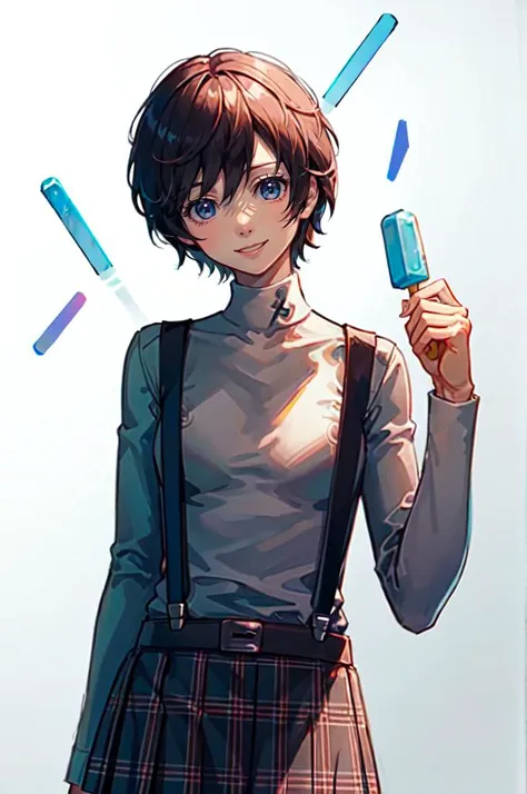 straight-on, solo, smile, holding popsicle,  <lora:xion_(kingdom_hearts)_1:0.7> aaxion, short hair, <lora:ShuujinAcademySchoolUniform:0.9>  GirlSuspenders, white turtleneck, suspenders, plaid skirt,, absurdres, ultra detailed, masterpiece, best quality, aesthetic, detailed,