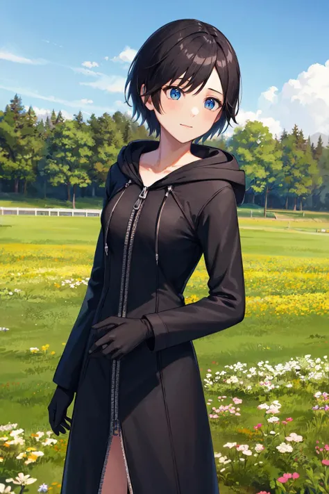 masterpiece, best quality, highres, aaxion, short hair, hood, black coat, hooded coat, zipper, long sleeves, black gloves, <lora:xion_(kingdom_hearts)_1:0.7>, standing, cowboy shot, outdoors, field,