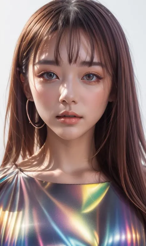 ( stunning beautiful cute ginger Angel 18 yo woman), masterpiece,best quality,high-res, fashion pose, baby face,bangs,chromatic dispersion,metallic_lustre,tansparent_plastic,Polychromatic prism effect,rainbowcore,iridescence/opalescence,glowing colors,aluminum foil,Glowing ambiance,(portrait:1.5),white background,half body, illustration