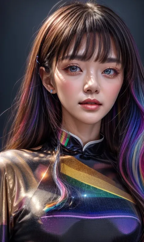 masterpiece,best quality,high-res,1girl, white dress,fashion pose,bangs,chromatic dispersion, hanfu_girl,long_black_hair,metallic_lustre,tansparent_plastic,Polychromatic prism effect,rainbowcore,iridescence/opalescence,glowing colors,aluminum foil,Glowing ambiance,(portrait:1.5),white background,half body, dreamstyle