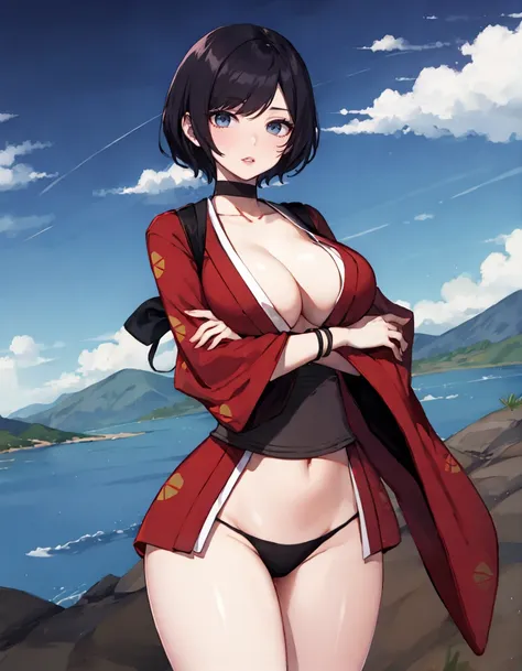 masterpiece, detailed, high quality, absurdres, redk, 1girl, solo, lips, large breasts, curvy, wide hips,
BREAK japanese clothes, red kimono, short kimono, open clothes, choker, cleavage, sash, obi, wide sleeves,
BREAK symmetry, lake, dark, crossed arms, skin fang,