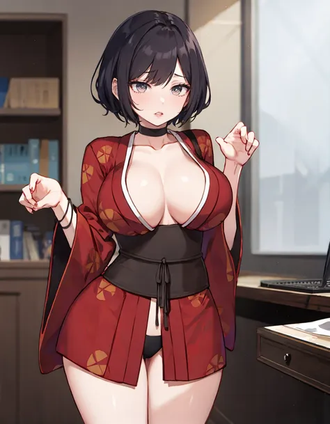 masterpiece, detailed, high quality, absurdres, redk, 1girl, solo, lips, large breasts, curvy, wide hips,
BREAK japanese clothes, red kimono, short kimono, open clothes, choker, cleavage, sash, obi, wide sleeves,
BREAK rule of thirds, office, computers, day, sunny, claw pose, tearing up,