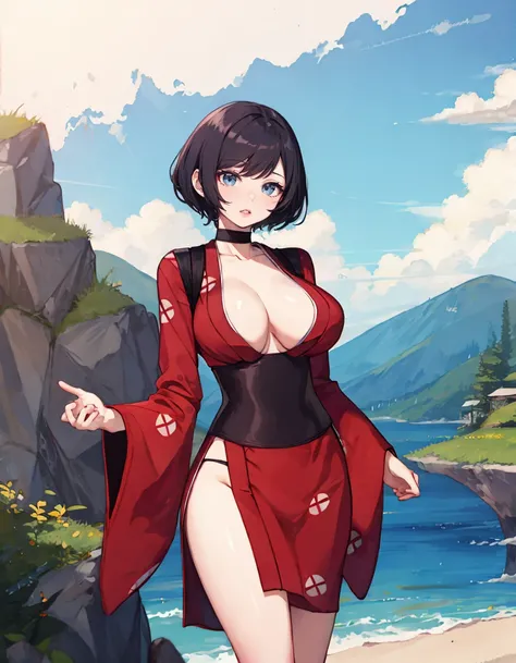 masterpiece, detailed, high quality, absurdres, redk, 1girl, solo, lips, large breasts, curvy, wide hips,
BREAK japanese clothes, red kimono, short kimono, open clothes, choker, cleavage, sash, obi, wide sleeves,
BREAK rule of thirds, floating island, day, clouds, v arms, smile,