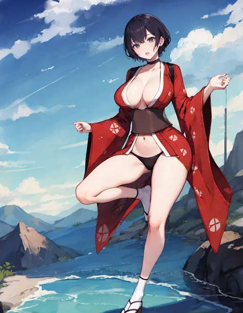 masterpiece, detailed, high quality, absurdres, redk, 1girl, solo, lips, large breasts, curvy, wide hips,
BREAK japanese clothes, red kimono, short kimono, open clothes, choker, cleavage, sash, obi, wide sleeves,
BREAK full body, cold, ice, day, floating, wavy mouth, closed mouth,