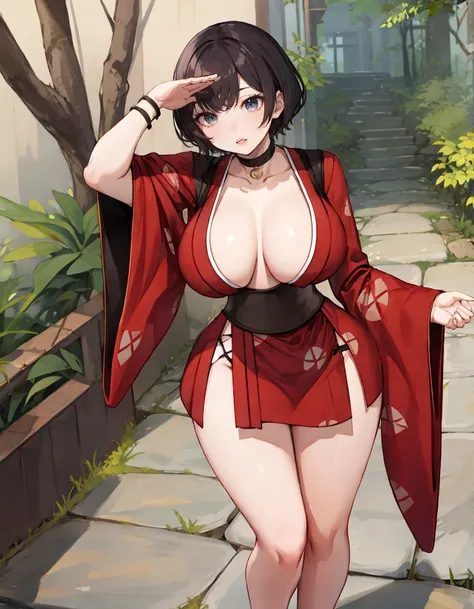 masterpiece, detailed, high quality, absurdres, redk, 1girl, solo, lips, large breasts, curvy, wide hips,
BREAK japanese clothes, red kimono, short kimono, open clothes, choker, cleavage, sash, obi, wide sleeves,
BREAK from above, full body, jungle, rainforest, ruins, day, arm support, nervous,