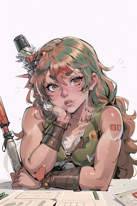 (masterpiece, best_quality, ultra-detailed, immaculate:1.3), epic, illustration, 1girl, close-up portrait, fierce orc post apocalyptic celtic shamaness, (muscular:1), leather armor, pauldrons, , (warpaint:1.4), pastel red hair with sea green highlights, curly hair, long hair,Feathered Hair, head rest, chinese, in a dangerous museum, in a robotics laboratory, bombshell hair, goldenrod hair, low-braided long hair,Spiral Curls, t-pose<lyco:EnvyBeautyMix28:1>