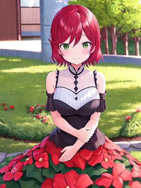 <lora:SakuraVRC:0.6>, SakuraVRC, masterpiece, best quality, depth of field, 1girl, red hair, short hair, green eyes, blush, shy, smile, closed mouth, alraune,  <lora:ConceptAlraunePlantGirl_v2:1>