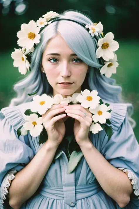 (old color photo) of (alraune) woman, flower, white hair, analog style, modelshoot style, 35mm, vignette, intricate detail, film grain, portra, <lora:ConceptAlraunePlantGirl_v2_lora:1.2>