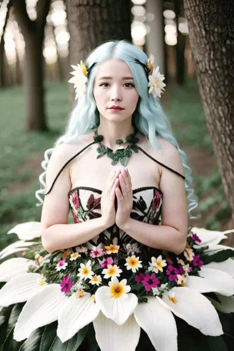 (old color photo) of (alraune) woman, flower, white hair, analog style, modelshoot style, 35mm, vignette, <lora:ConceptAlraunePlantGirl_v2_lora:1.2>