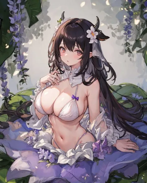1girl,alraune,  <lora:AlraunePlantGirl[alraune]V2:1.3>,flower,large breasts, navel,black_hair,wisteria, parted lips,  <lora:kashino-000008:0.45>,cow_horns,white bikini,