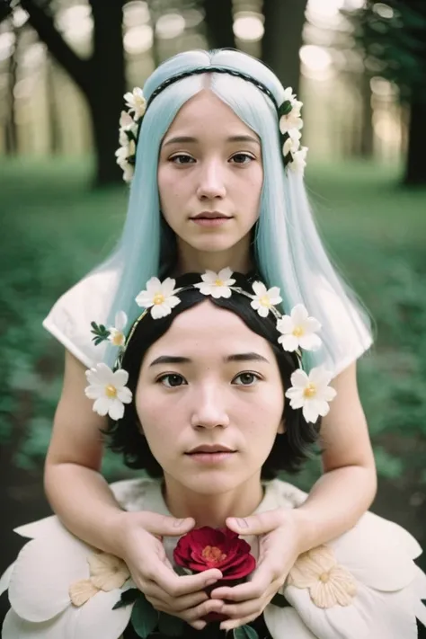 (old color photo) of (alraune) woman, flower, white hair, analog style, modelshoot style, 35mm, vignette, intricate detail, film grain, portra, <lora:ConceptAlraunePlantGirl_v2_lora:1.2>