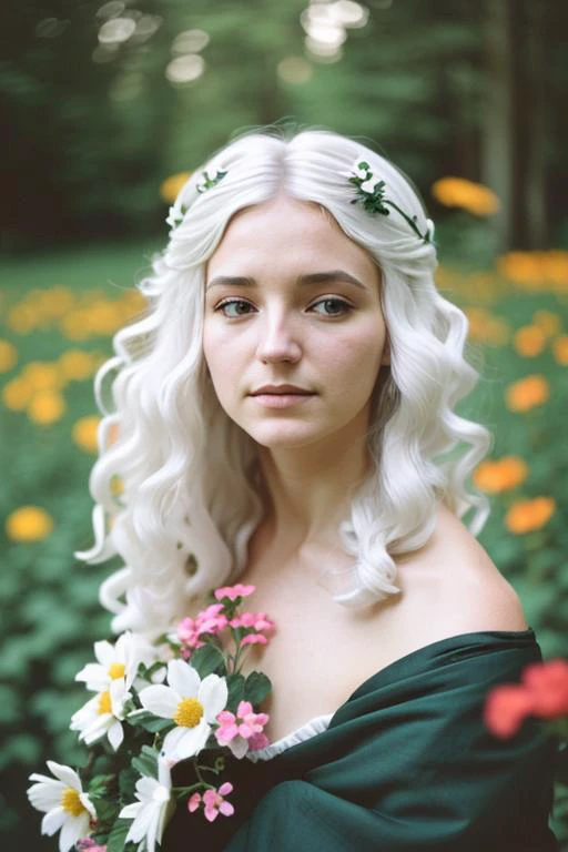(old color photo) of alraune woman, flower, white hair, analog style, modelshoot style, 35mm, vignette, <lora:ConceptAlraunePlantGirl_v2_lora:1>