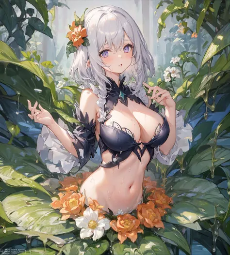 1girl,alraune,  <lora:AlraunePlantGirl[alraune]V2:1.0>,flower,large , navel,parted lips,((honey)), wet