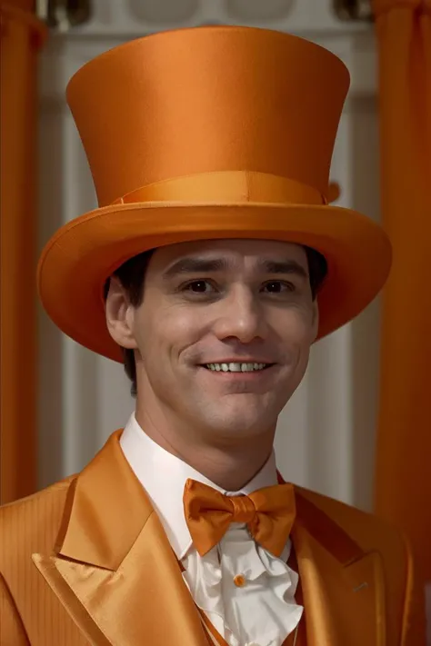 a man in an orange suit with orange tophat, 110yd <lora:110yd:1.3>