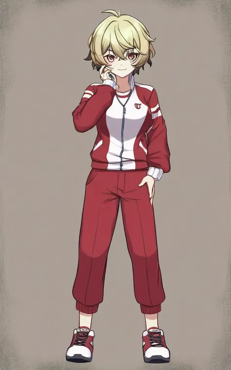 DaringTact, <lora:_sdxl-um-tracenjersey:0.7> red track jacket, tracenJerseyPants, red short pants