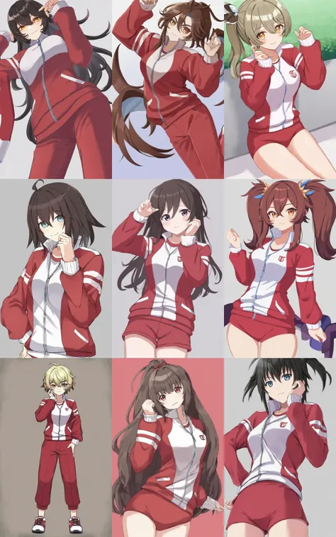 __umamusumeGACHA__, <lora:_sdxl-um-tracenjersey:0.7> red track jacket, { tracenJerseyPants, { red long pants | red short pants } | tracenJerseyBuruma, red buruma }